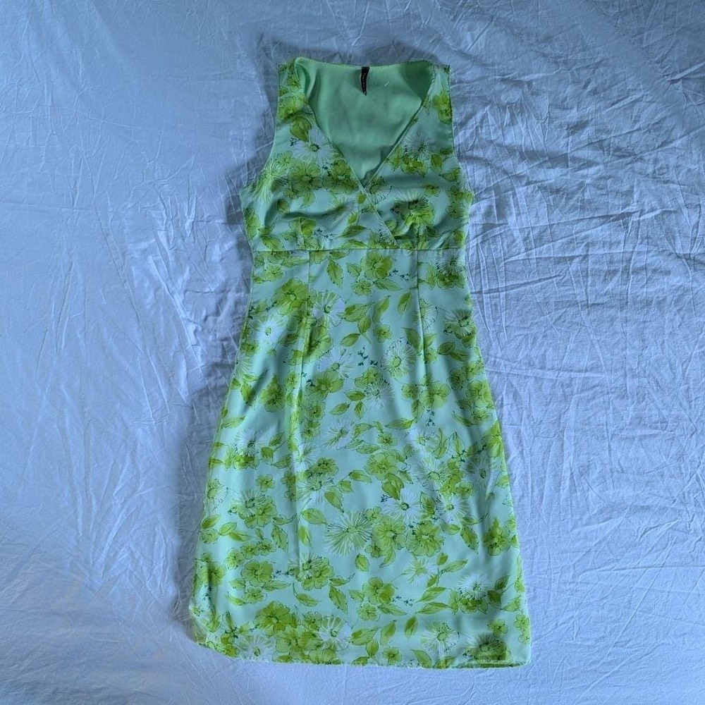 Vtg Mariposa Lime Green Floral Surplice V-Neck Sleeveless Satin Midi Dress Sz M